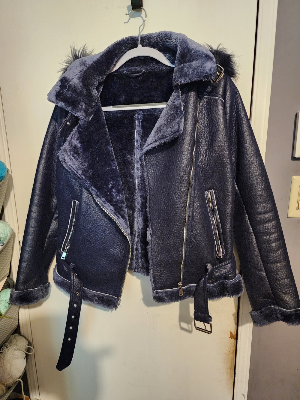 Womens Faux Shearling Moto Jacket - Navy size medium
